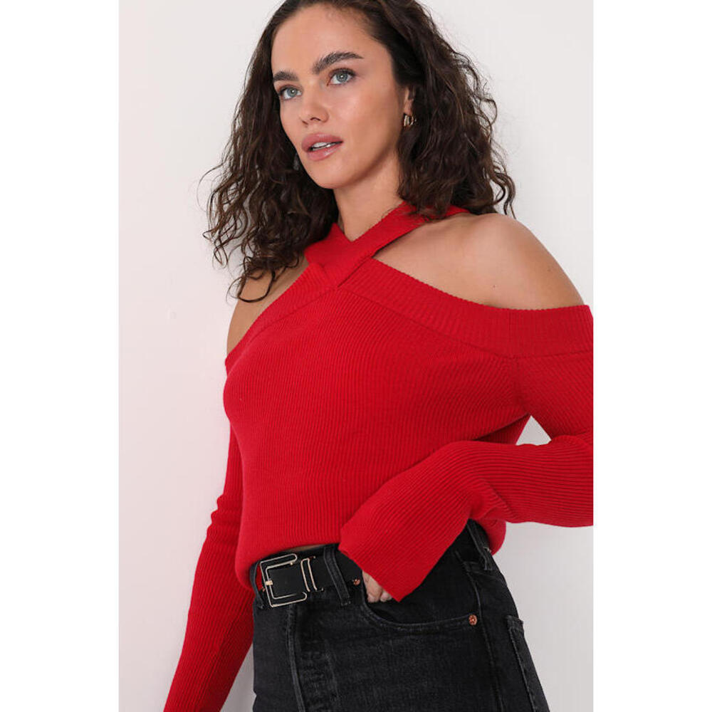 Lulus Party Mode Red Ribbed Cold-shoulder Sweater Top - Size M